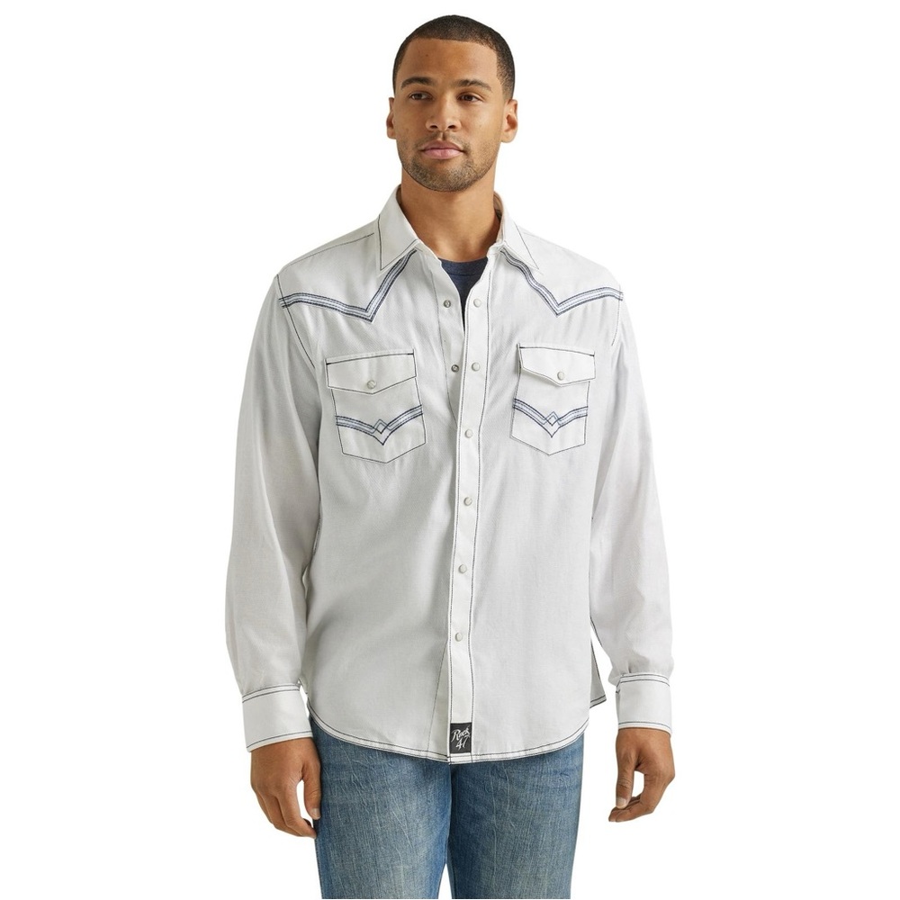 Wrangler Men's Rock 47 LS Modern Fit White Embroidered Western Snap Shirt XL